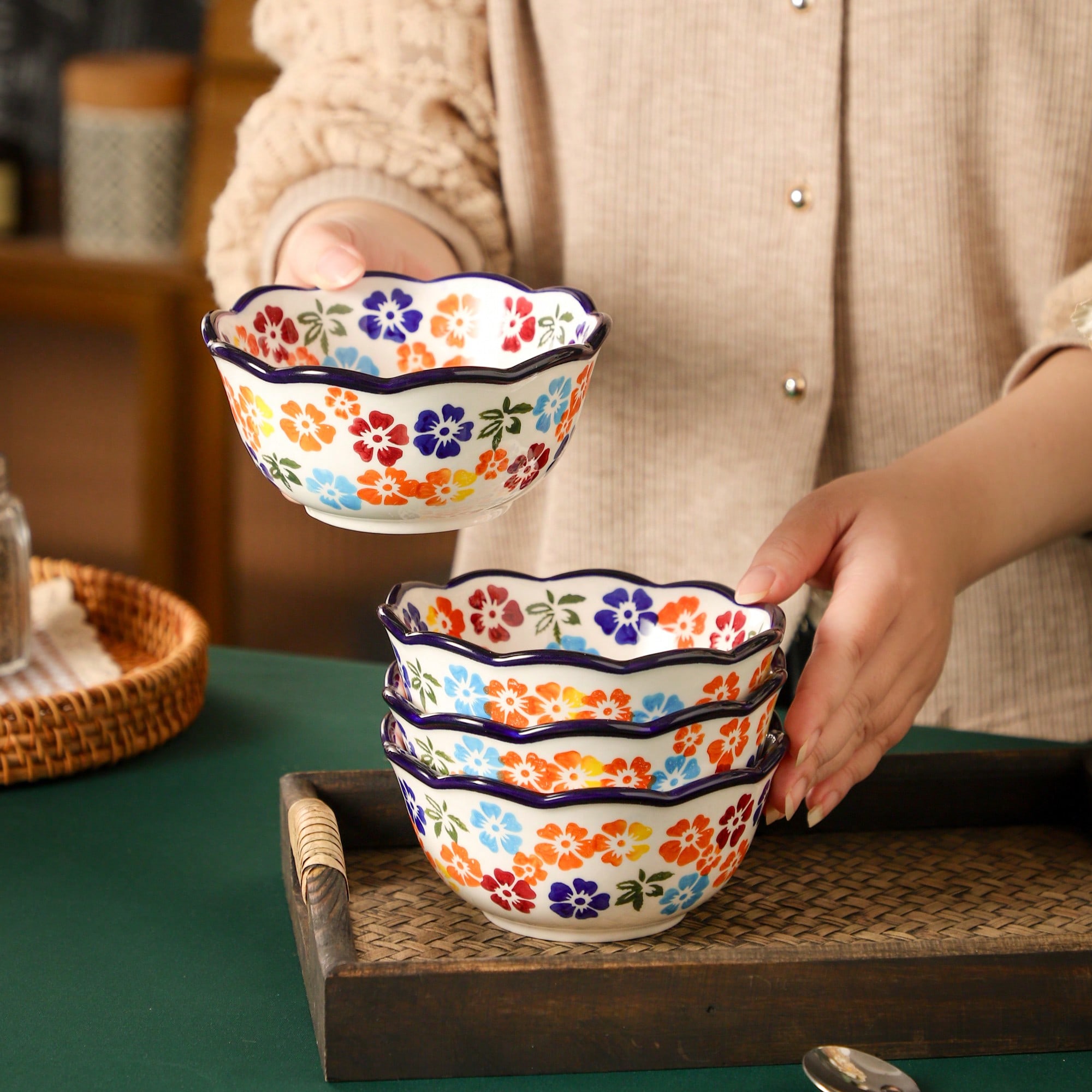 Baby Food Oatmeal - 1pc/2/4/6/8pcs, Bohemian Floral Pattern Ceramic Bowl,